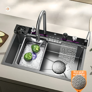 Tieba Rectangular 304 Stainless Steel Single Bowl <strong>Kitchen</strong> Sink Handmade <strong>Apron</strong> Modern Luxury Thermostatic Faucet Waterfall LED - Product Image 1