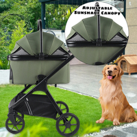 Poussette de luxe pliable et légère verte pour chat et chien avec fermeture éclair, pare-soleil réglable, cadre en aluminium détachable pour les voyages et le jogging