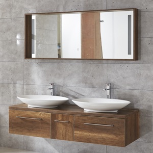 Fregaderos dobles Vanidad de baño colgada en la pared moderna Gabinete de melamina Unidades de baño <span class=keywords><strong>KD</strong></span> con iluminación Led - Product Image 1