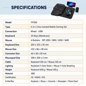 Ensemble clavier de jeu 5-en-1 à une main, 35 touches, support de souris et de téléphone, tapis de souris, <span class=keywords><strong>convertisseur</strong></span> pour jeux mobiles - Product Image 4