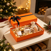 Caja de Regalo Navideña Naranja con Difusor, Adornos Dorados, Taza de Cacao, Bolsa de Lino con Diseño de Galleta de Jengibre, Manta, Juego de Regalo al por Mayor