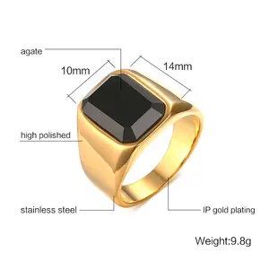 Custom OEM/ODM Big Stone Ring for MEN 18k Gold Plated Stainless Steel Square Black Stone Rings