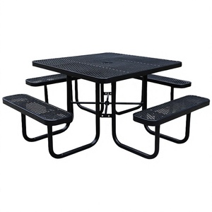 Table de pique-nique moderne en métal grillagé pour extérieur, style ferme, avec bancs amovibles, pour aire de jeux, patio, en acier, avec trou pour parasol - Product Image 4