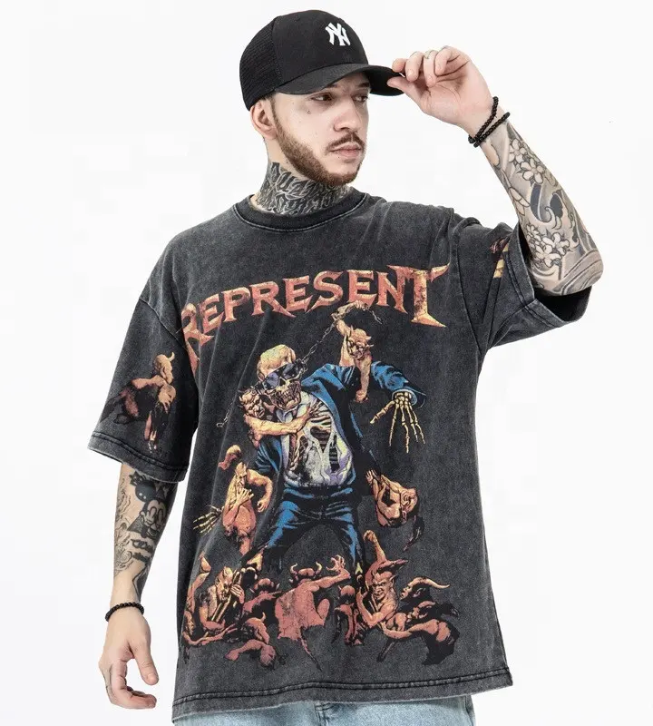 T-shirt homme, délavé et vintage, noir, hip-hop, avec logo personnalisé, 2022 coton, 100%