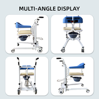 Chaise élévatrice hydraulique bleu foncé pour transfert de patients avec accoudoirs et fonction toilette intégrée pour soins aux personnes âgées
