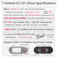Carte de développement T-Embed CC1101 ESP32-S3, transceiver RF basse consommation sub-1 GHz, module NFC PN532 NRF24L01, 1300mAh