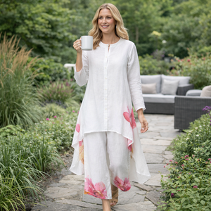 Completo <span class=keywords><strong>Due</strong></span> Pezzi Personalizzato da Donna in Misto Lino e Cotone con Stampa Floreale, Tunica Asimmetrica e Pantaloni a Gamba Larga, Outfit Artistico e Modesto - Product Image 5