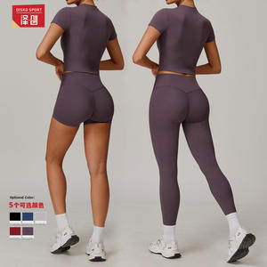 เซชวง โยคะ เซ็ตชุดสตรีเสื้อครอปกางเกงขาสั้นสีทึบเอวสูง 2 ชิ้นชุดคอกลมแขนสั้นชุดออกกำลังกาย TZ8886 - Product Image 2
