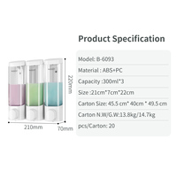 Distributeur de savon liquide triple mural avec bouteille transparente et design verrouillable, 300 ml par compartiment, pour hôtel, maison, salle de bain