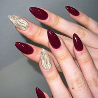Maroon Amandelvormige Nagels met 3D Gouden Lijnen, Press-on Nagels, ABS, Machinegemaakt, 30 Stuks Kunstnagels, Gouden Kleur voor Vrouwen