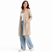 Damen Langer Strick-Cardigan Lässiger Offener Beiger Mantel mit Taschen Weicher Warmer Locker Sitzender Herbst-Winter-Überzieher