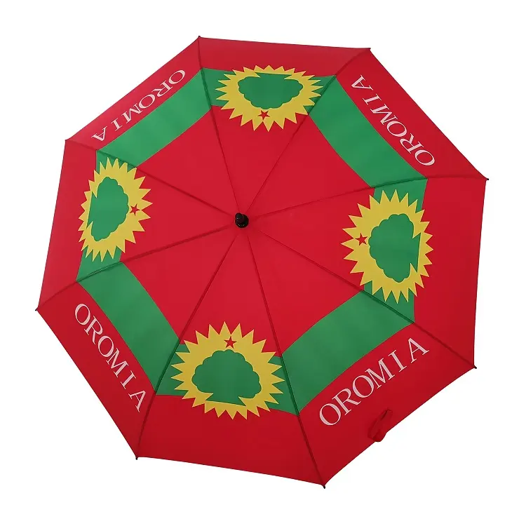 הדפסה מותאמת אישית באיכות גבוהה מתקפל נסיעות אופנה אוטומטי Oromo דגל מטריית עבור חיצוני
