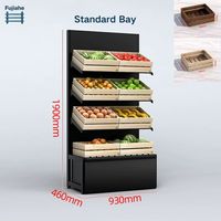 Zwart houten opvouwbaar supermarkt rek modern wandfruitdisplay schappenrek met schuine kratten voor biologische winkel/deli shop inrichting