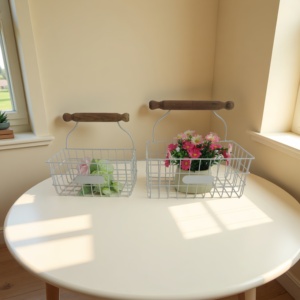 Handmade phong cách hiện đại dây lưới giỏ lưu trữ với tay cầm bằng gỗ cho trang trí nội thất - Product Image 3