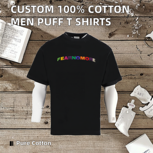 เสื้อยืดผู้ชายแบบพิมพ์ลายพัฟฟ์ ดีไซน์ทันสมัย ผลิตตามสั่ง ผ้าฝ้ายแท้ 100% เนื้อผ้าระบายอากาศได้ดี น้ำหนัก 200 กรัม รับผลิตแบบ OEM ราคาถูก - Product Image 2