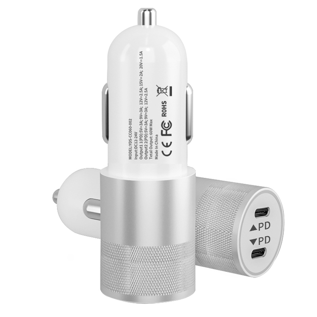 60W USB-C PD Car Charger Dual TYPE-C Port Fast Charging Adapter for Cell Phone Car Chargers
