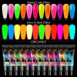 12 colori/Set Shimmer Sparkly Glitter Poly nail gel Set in scatola fluorescente Glow in Dark Summer Nail Extension Gel kit