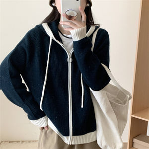 Maglione con cerniera a maniche lunghe in lana 100 in lana pura con cappuccio cappotto lungo <span class=keywords><strong>Cardigan</strong></span> da <span class=keywords><strong>donna</strong></span> maglioni con <span class=keywords><strong>Zip</strong></span> - Product Image 1