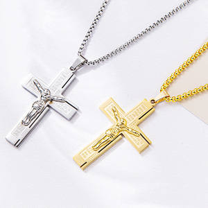 KOMI Collier croix en acier inoxydable pour hommes, couleur argent or, crucifix de prière des seigneurs, pendentif croix, bijoux chrétiens pour hommes - Product Image 2