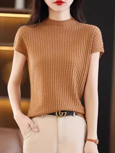 Kamgarn yün kısa kollu T-shirt kadın standı yarım yüksek boyun örme gömlek kadın ilkbahar ve yaz yarım kollu ince model