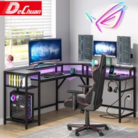 Bureau de jeu PC noir en gros avec étagère de rangement multi-niveaux et bande LED