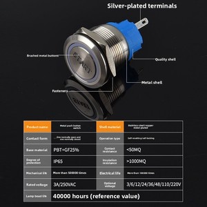 Kim loại khắc Nút chuyển đổi tự khóa tự đặt lại với ánh sáng mà không cần ánh sáng 16/19/<span class=keywords><strong>22mm</strong></span> nút không thấm nước - Product Image 4