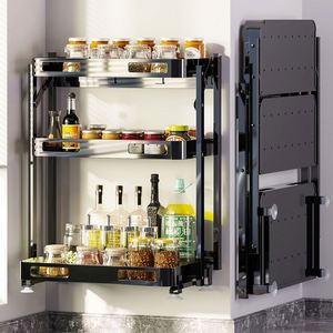3 Tiers Foldable Stainless Steel <b>Collapsible</b> Organizers Spice Jar <b>Storage</b> Rack Seasoning Shelf Set With Knife Holder - Product Image 3
