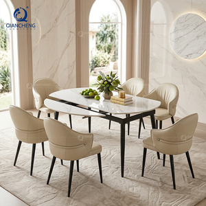 Tables à manger rondes extensibles en pierre frittée blanche avec pieds en métal noir pour 4 à 6 personnes, meubles d'appartement, table de salle à manger - Product Image 1