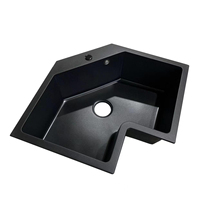 Évier de cuisine en composite de quartz noir en forme de L, à cuve unique, en granit, à poser en surplomb/sous plan avec trop-plein