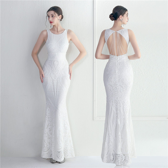Big Backless Beaded Craft Sequin Embroidery Stage Concert Car Model Wedding Evening Dress