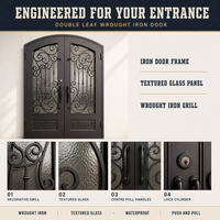 Porte d'entrée moderne en fer forgé sur mesure avec insert en verre texturé et décorations en volutes, étanche, pour villa et maison, options de couleur personnalisées