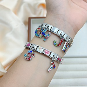 Trendy Colorful <b>Crystal</b> Letter Alphabet Dangle Italian Charm Links Stainless Steel DIY Modular <b>Bracelet</b> Charms Jewelry Gift - Product Image 1