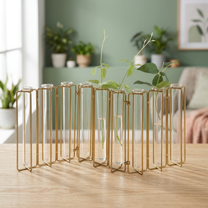 Chaman India Iron & Glass Gold Test Tube <b>Vase</b> with 9 Bud Holder Europe Style Tabletop Decoration Size S - Product Image 3