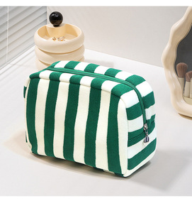 Pochette de maquillage en tissu éponge rayé doux, logo personnalisé, sac de rangement cosmétique de voyage, organiseur de soins de la peau, trousse de toilette - Product Image 5