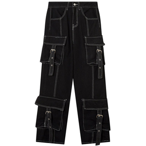 <span class=keywords><strong>Jeans</strong></span> Cargo in tinta unita stile scuro personalizzati da uomo larghi bianchi a contrasto <span class=keywords><strong>con</strong></span> cuciture a più grandi tasche larghe versatili moderni - Product Image 1
