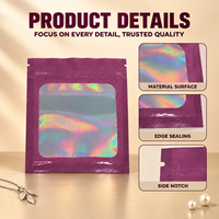 Sachet en Mylar holographique noir imprimé sur mesure avec fenêtre, mini pochette anti-odeur suspendue à fermeture éclair, emballage en plastique PET/PE