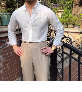 <span class=keywords><strong>Chemise</strong></span> à <span class=keywords><strong>manches</strong></span> <span class=keywords><strong>longues</strong></span> de couleur unie <span class=keywords><strong>en</strong></span> coton et <span class=keywords><strong>lin</strong></span> pour hommes, t-shirt slim britannique d'affaires pour hommes - Product Image 1