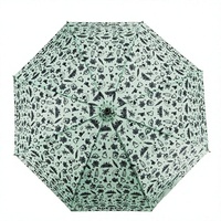 Parapluie promotionnel en gros à 8 baleines avec manche en bois courbé, vert menthe, avec impression intégrale motif spiritueux dessiné à la main et logo personnalisé