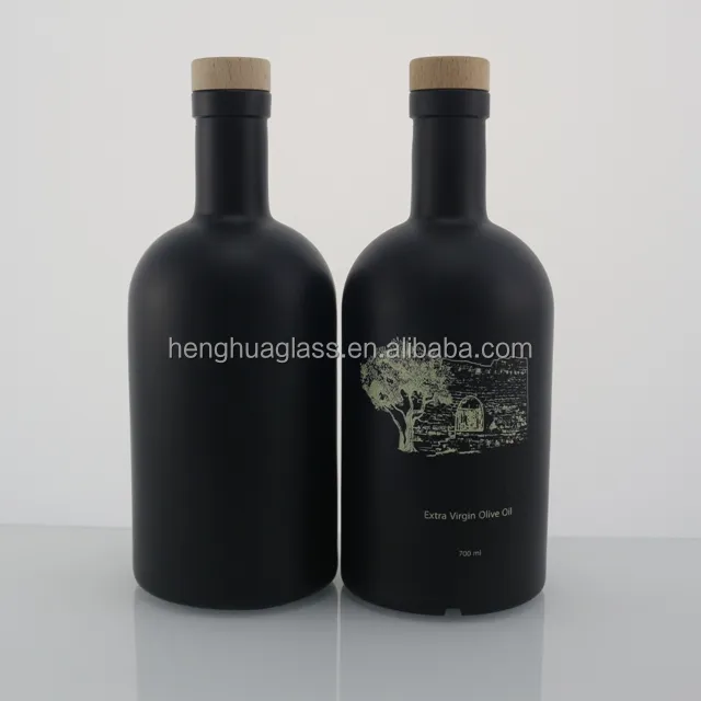 Custom Logo Round Matte Black 700ml 750ml Extra Virgin Olive Oil Glass Bottle Liquor Gin Spirits Container Bottle With Cork Cap