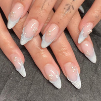 Faux ongles à presser en gel souple, marque privée, courts, forme amande, motif fleur bleue, faits à la main
