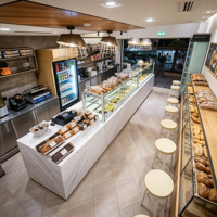 Comptoir de présentation de pain commercial haut de gamme sur mesure avec éclairage LED, design écologique, style marbre, vitrine de boulangerie pour les magasins de détail