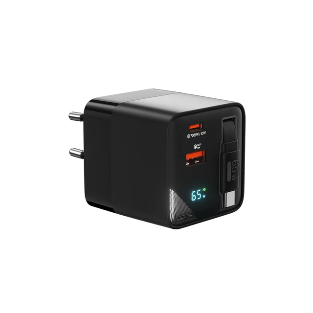 LCD Display Gan Charger 2-Port GaN Charger with Built-In USB-C Cable 65W 3 Port Gan Fast Charger