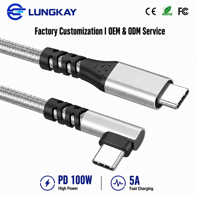 LUNG KAY OEM ODM 90 Degree USB C Link Cable 10Gbps 100W PD 5A Fast Charging Shielded VR Cord for Meta Quest 3 2 SteamVR SSD CNC