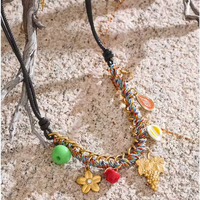 Tendance noir Pu corde bijoux faits à la main tressé fleur breloques raisin et pomme coloré corde tissé fruits pendentif collier