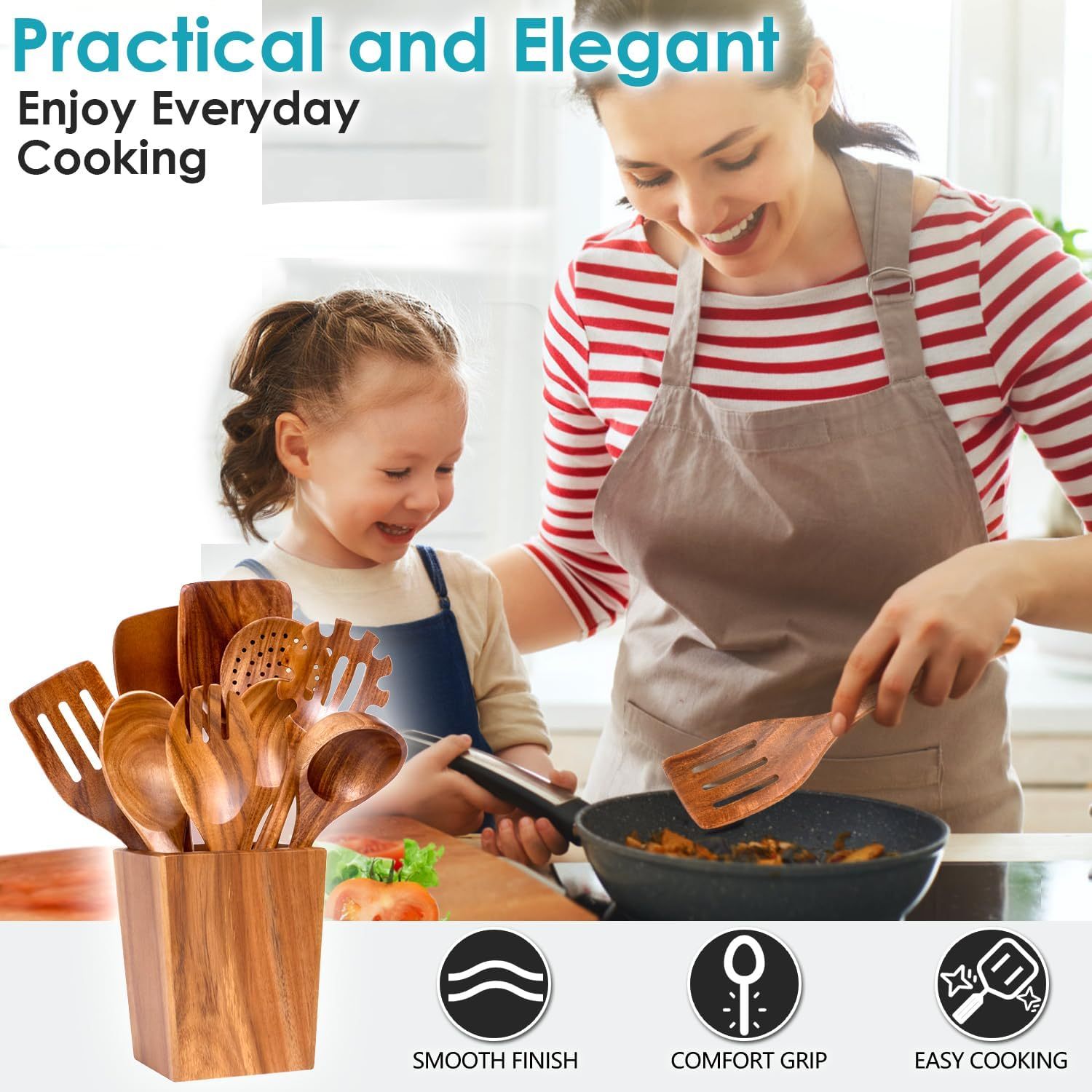 11Pcs Nonstick Kitchen Accessories Acacia Wooden Cooking Tools Spoons Spatulas Kitchen Utensils Set · image 4