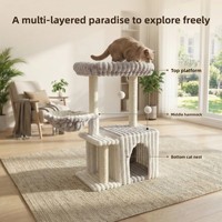 Arbre à chat en flanelle rayée douce avec grotte, nid cachette, panier balançoire latéral, 2 poteaux en sisal, mobilier d'intérieur pour chatons (repos et jeu)