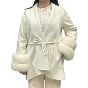 Jancoco Custom Winter Belted Handmade Genuine Cashmere Wool Coat Women With Real Fox Fur Cuffs