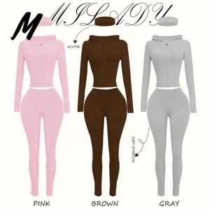 طقم نسائي من قطعتين بشعار مخصص، بدلة رياضية أنيقة للنساء، بنطلون رياضي مطرز، سترة بغطاء للرأس وسحاب وأكمام طويلة - Product Image 1