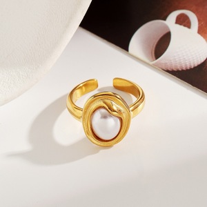 Stainless Steel <b>Titanium</b> <b>Ring</b> Imitation Pearl Geometric Design 18k Gold Plated Women's Fashion Jewelry Party Accessory - Product Image 3