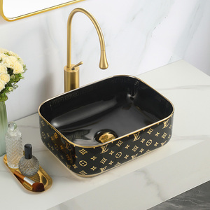 Lavabo de Porcelana de Lujo para Hotel, Rectangular, con Detalles en Dorado, para Colocar <span class=keywords><strong>Sobre</strong></span> la <span class=keywords><strong>Encimera</strong></span>, Lavabo <span class=keywords><strong>Cuadrado</strong></span> - Product Image 2
